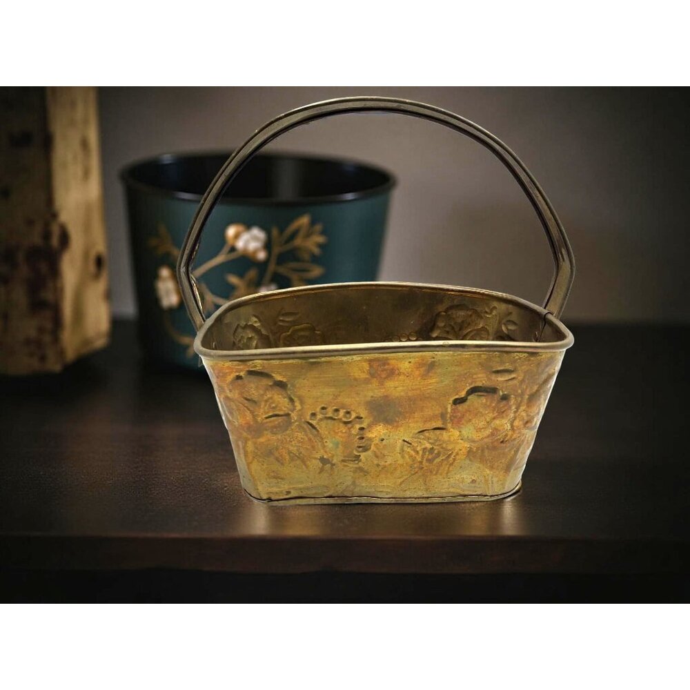 vintage solid brass stamped floral design planter basket